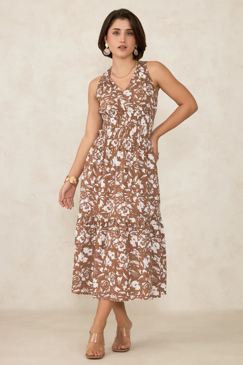 100% Viscose Floral Print Gathered Dress